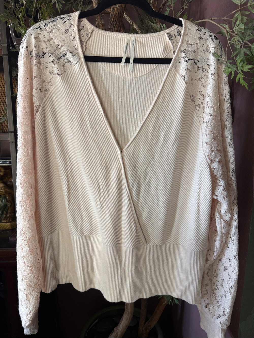 Anthropologie Cream Lace-Sleeve V-Neck Wrap Pullover